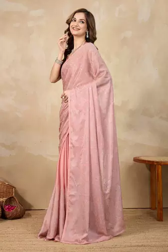 Trendmalls Orange chanderi silk blend swarovski work saree with unstitch blouse piece