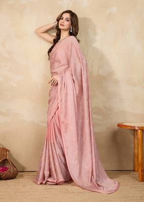 Orange chanderi silk blend swarovski work saree with unstitch blouse piece 4
