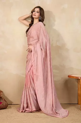Trendmalls Orange chanderi silk blend swarovski work saree with unstitch blouse piece