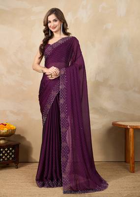 Purple silk blend swarovski work saree with unstitch blouse piece 1