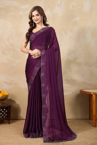 Purple silk blend swarovski work saree with unstitch blouse piece