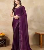 Purple silk blend swarovski work saree with unstitch blouse piece