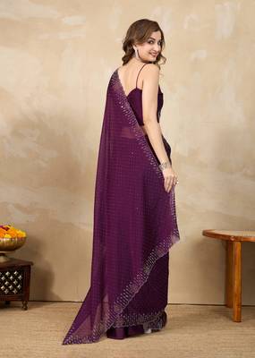 Purple silk blend swarovski work saree with unstitch blouse piece 2