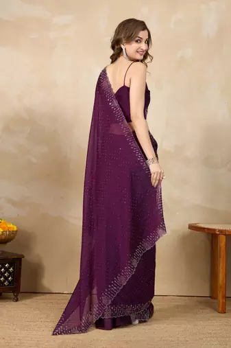 Trendmalls Purple silk blend swarovski work saree with unstitch blouse piece