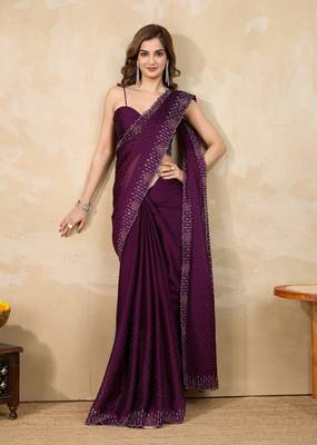 Purple silk blend swarovski work saree with unstitch blouse piece 3