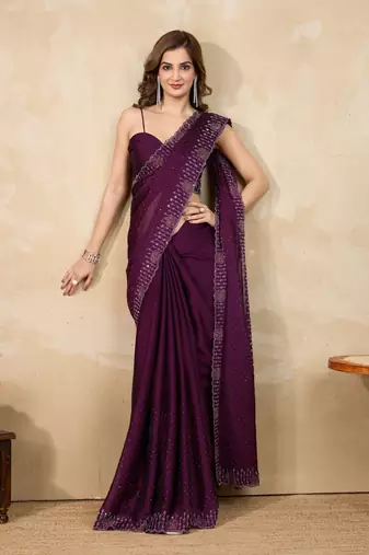 Trendmalls Purple silk blend swarovski work saree with unstitch blouse piece