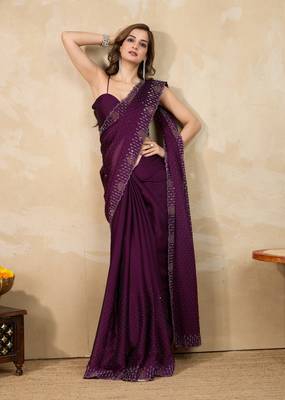 Purple silk blend swarovski work saree with unstitch blouse piece 4