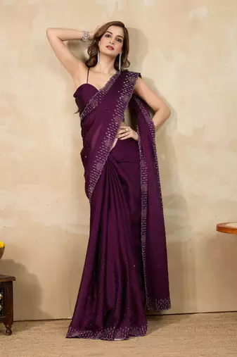 Trendmalls Purple silk blend swarovski work saree with unstitch blouse piece