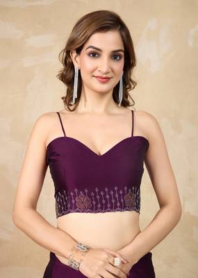 Purple silk blend swarovski work saree with unstitch blouse piece 5