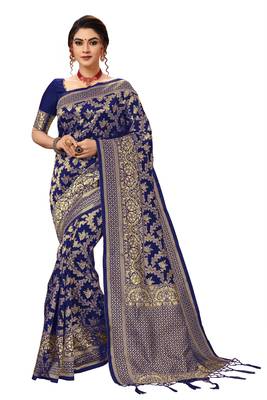 Women's banarasi silk saree with unstitched blouse piece 1
