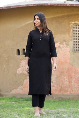 KAAJH Black Solid Cotton Casual Kurta Pant Set 6