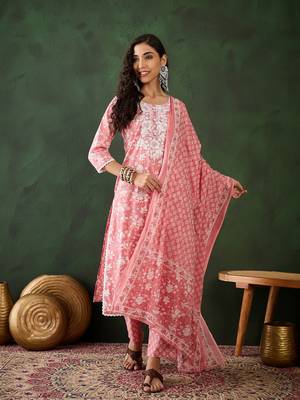Peach embroidered cotton round neck kurta sets 1