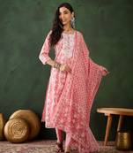 Peach embroidered cotton round neck kurta sets