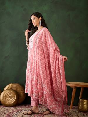 Peach embroidered cotton round neck kurta sets 3