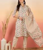 Cream embroidered cotton v neck kurta sets