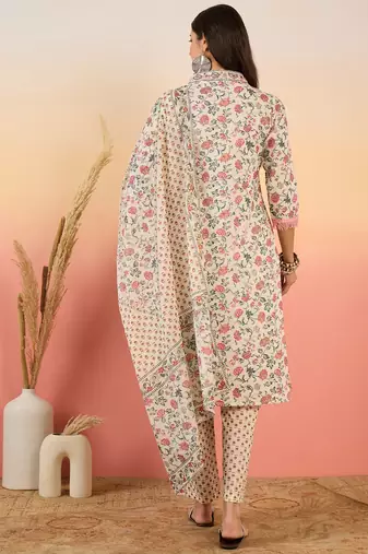 Cream embroidered cotton v neck kurta sets