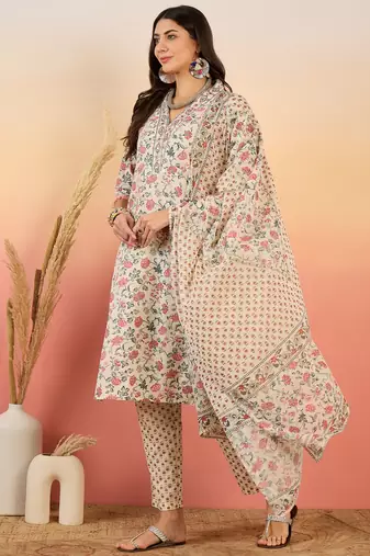 Cream embroidered cotton v neck kurta sets