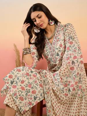 Cream embroidered cotton v neck kurta sets 4