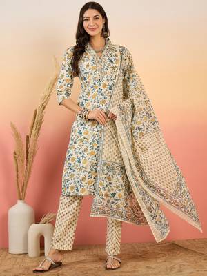 Cream embroidered cotton v neck kurta sets 1