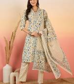 Cream embroidered cotton v neck kurta sets