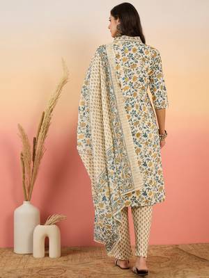 Cream embroidered cotton v neck kurta sets 2