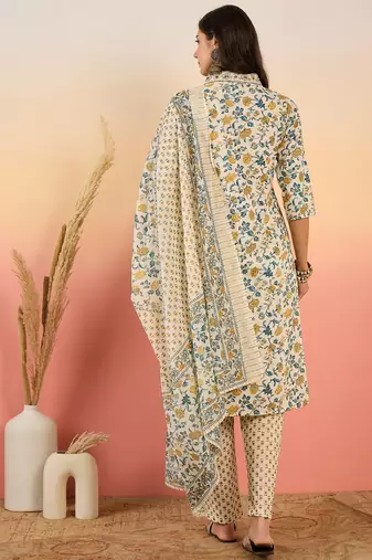 Cream embroidered cotton v neck kurta sets