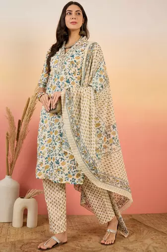 Cream embroidered cotton v neck kurta sets