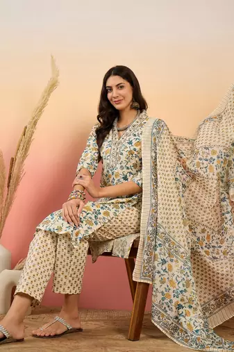 Cream embroidered cotton v neck kurta sets