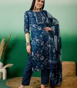 Blue embroidered cotton round neck kurta sets