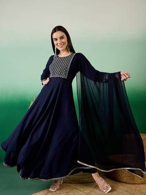 Navy blue embroidered viscose rayon round neck kurta sets 1