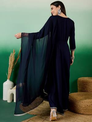 Navy blue embroidered viscose rayon round neck kurta sets 2
