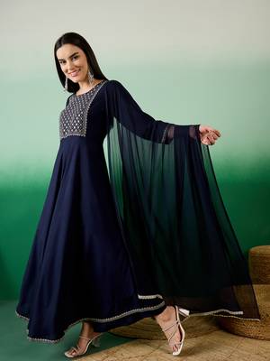 Navy blue embroidered viscose rayon round neck kurta sets 3