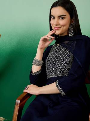 Navy blue embroidered viscose rayon round neck kurta sets 4