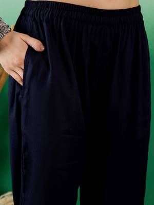 Navy blue embroidered viscose rayon round neck kurta sets 5