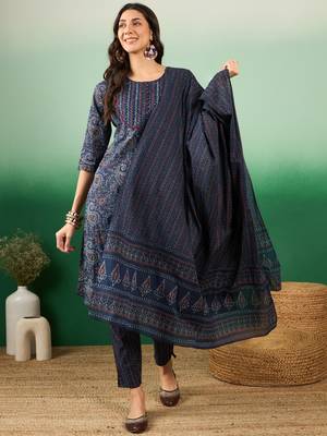 Multicolor embroidered cotton round neck kurta sets 1