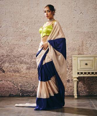 Neon green blouse blue and beige block saree 1