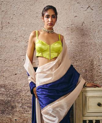 Neon green blouse blue and beige block saree 2
