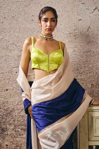 Neon green blouse blue and beige block saree