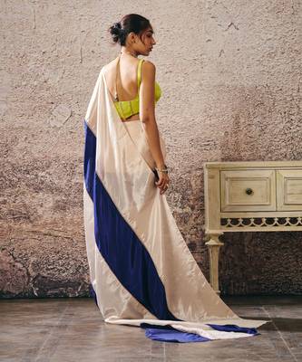 Neon green blouse blue and beige block saree 3