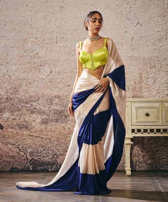 Neon green blouse blue and beige block saree 4