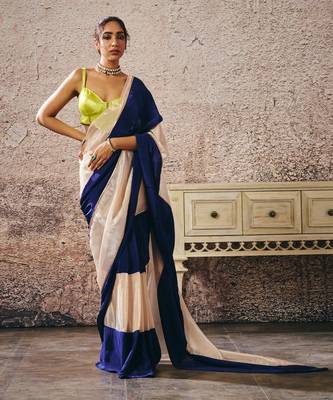 Neon green blouse blue and beige block saree 5