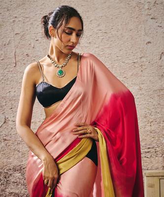 Black blouse with black and red peach gold ombre saree 2
