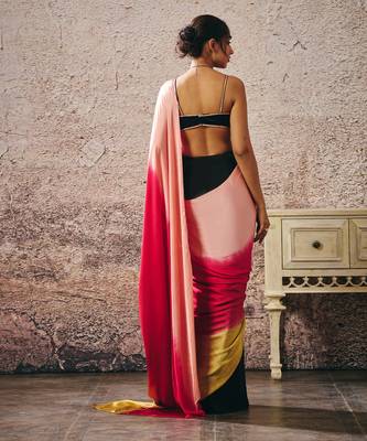 Black blouse with black and red peach gold ombre saree 3