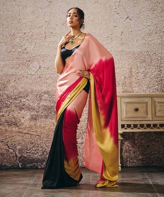 Black blouse with black and red peach gold ombre saree 4