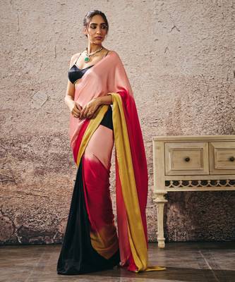 Black blouse with black and red peach gold ombre saree 5