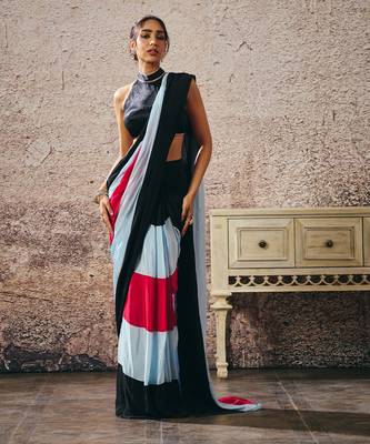 Black blouse with black blue hot pink colour block saree 1