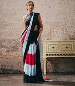 Black blouse with black blue hot pink colour block saree