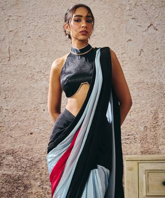 Black blouse with black blue hot pink colour block saree 2