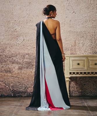 Black blouse with black blue hot pink colour block saree 3