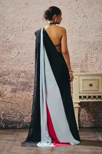 Black blouse with black blue hot pink colour block saree